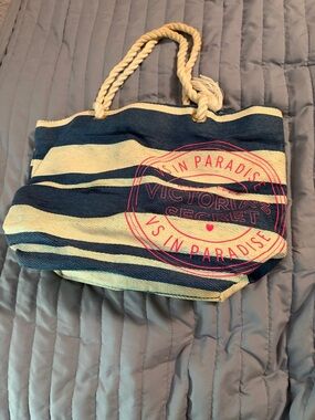 Victoria's Secret Navy & Cream Striped Rope-Handle Tote with Pink Logo